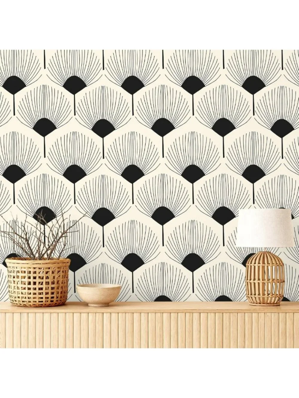 Modern Beige & Black Geometric Peel and Stick Wallpaper | Boho Art Deco Accent